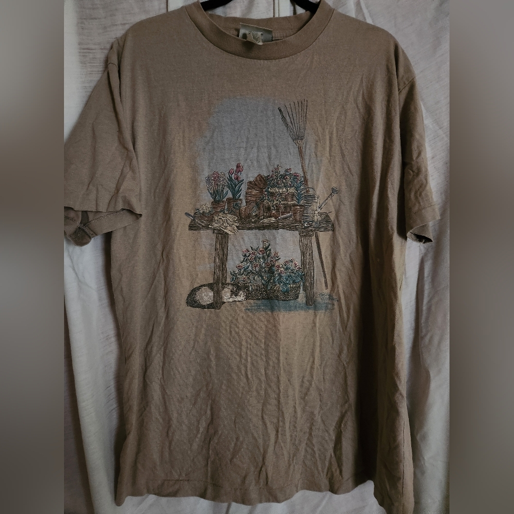 Tan Graphic T-Shirt with Garden Scene